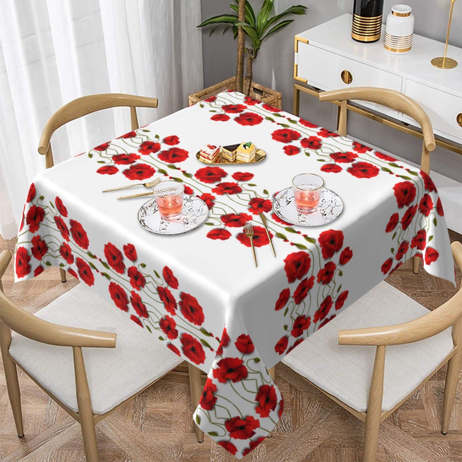 Lawenp Poppy Flowers Vivid Petals Square Wrinkle-Free Table Cloth Cover Table Decorative for Wedding Dinning Party Banquet Tabletop