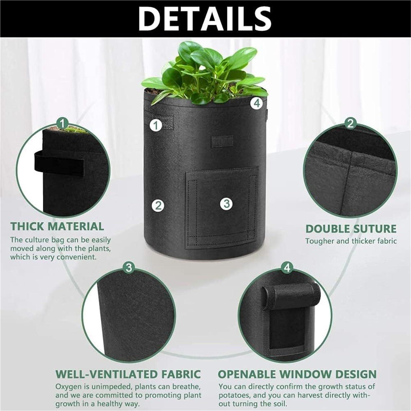 Sac de Culture Plantes 3 pièces, Sacs en Tissu Non tissé à aération, légumes Jardin poignées