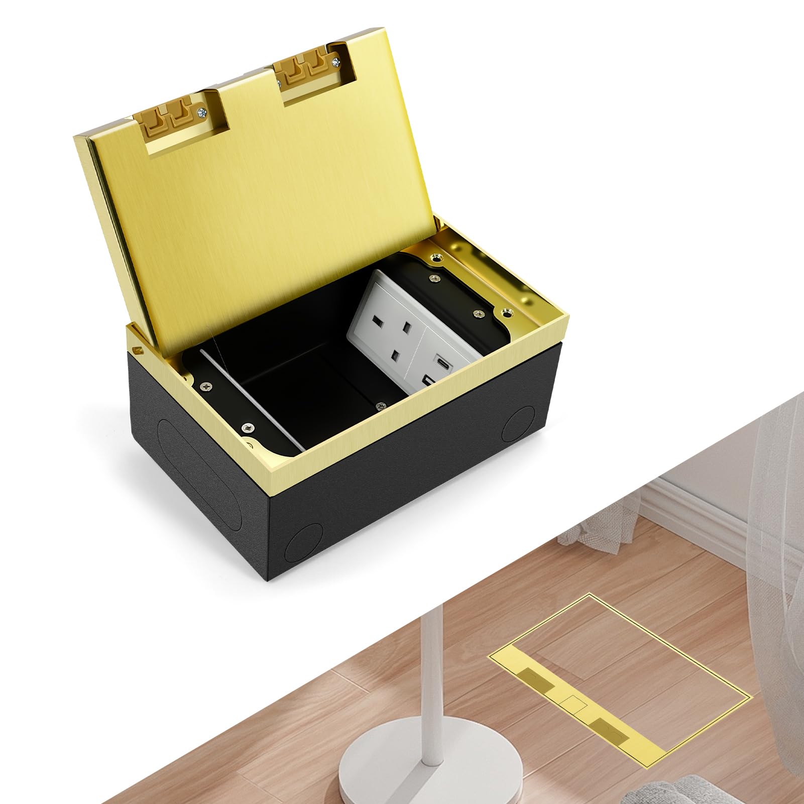 Hidden Recessed Pop-Up Floor Socket Kit, 2 x 13A UK Sockets + 2 x USB-A & USB-C Charging - Waterproof, Scratch-Resistant Cover for Kitchen Worktops, Office Floors & Conference Tables (Golden)