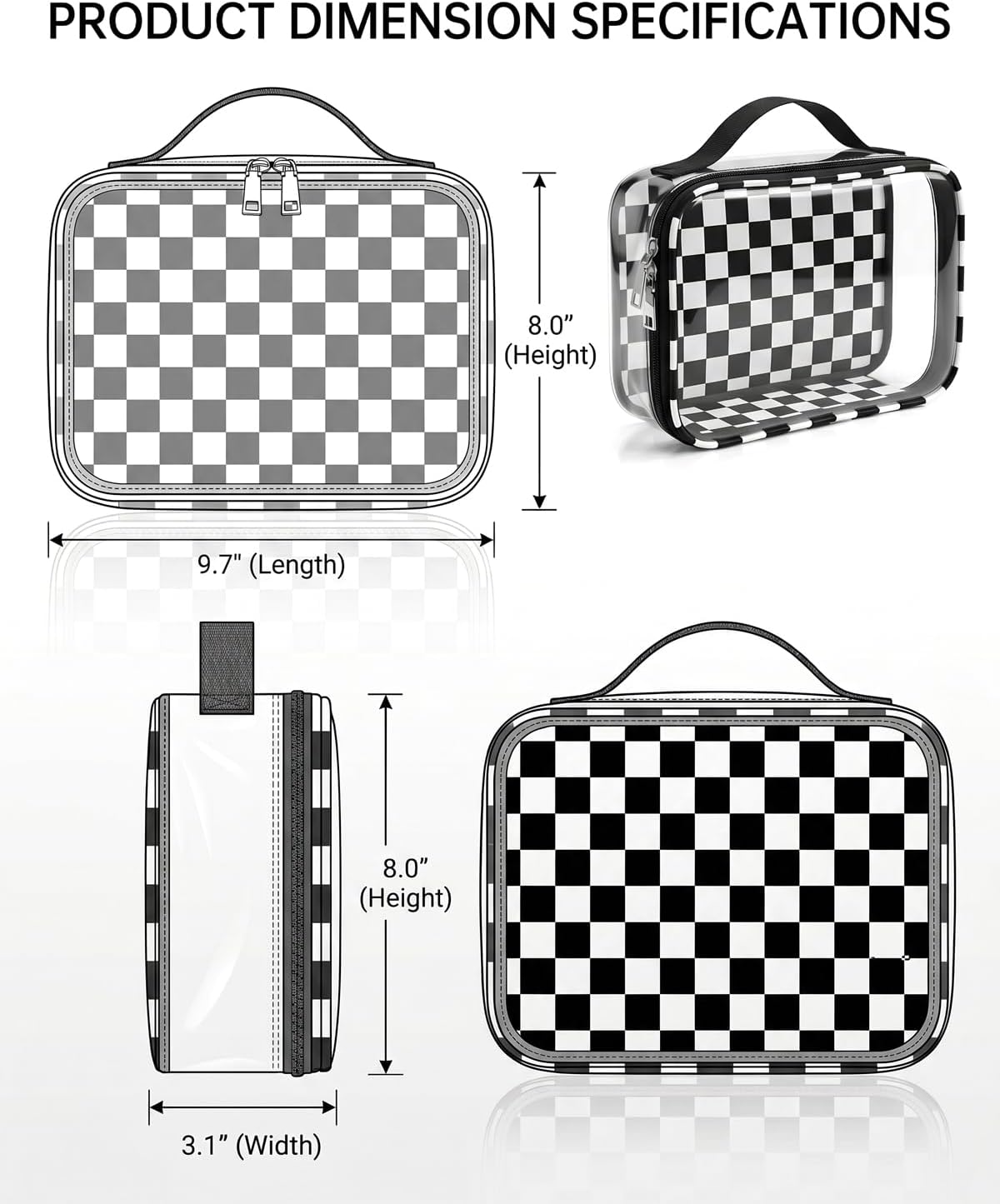 LETGO TSA Approved Toiletry Bag Carry on Clear Toiletry Bag Checkered Makeup Bag for Women, Airport Airline Quart Size Travel Bags,Portable Waterproof Cosmetic Bag Make up Organizer Bag (Black&Beige)