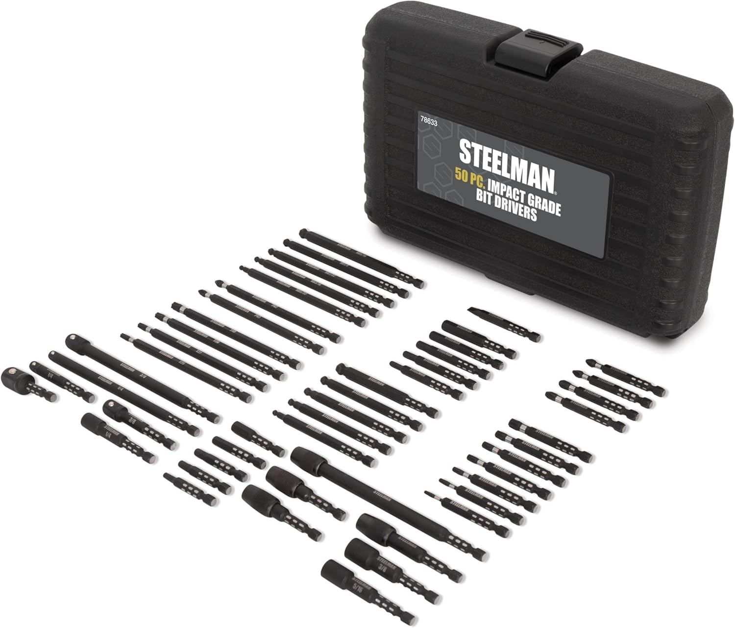Steelman Pro 78633 50-Piece Impact Driver Bit Set, Includes Hex, Phillips, Torx, and Socket Bits, Bit Holders, Socket Adapters