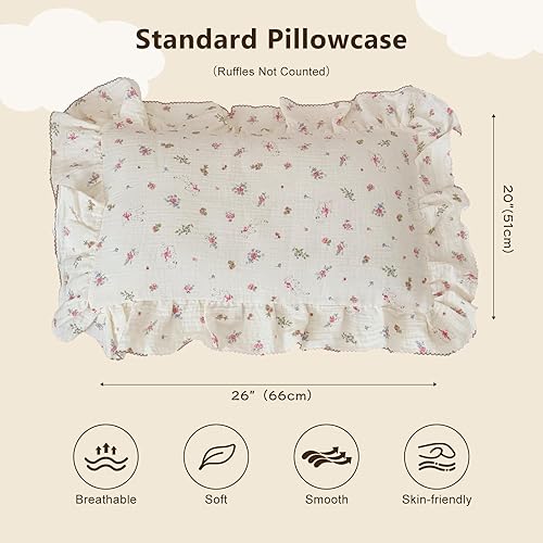 Vista 144 de BuLuTu Funda de almohada de muselina de algodón para niños pequeños, tamaño estándar, estampado de flores de Galsang, suave funda de almohada