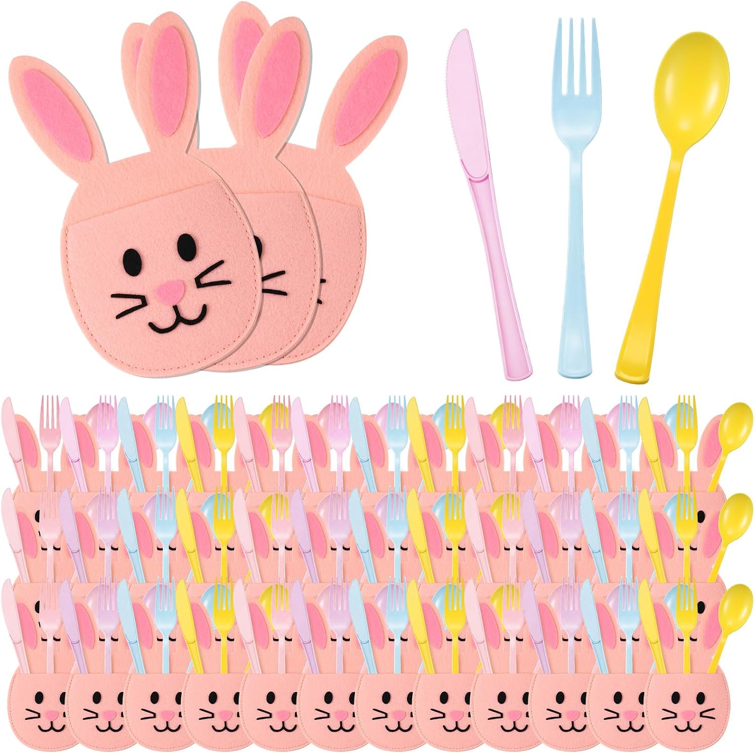 160 Pcs Pastel Plastic Silverware Rabbit Party Supplies Plastic Disposable Dinnerware with 40 Rabbit Cutlery Bags 40 Spoons 40 Forks 40 Knives for Spring Celebrations Picnic Utensils