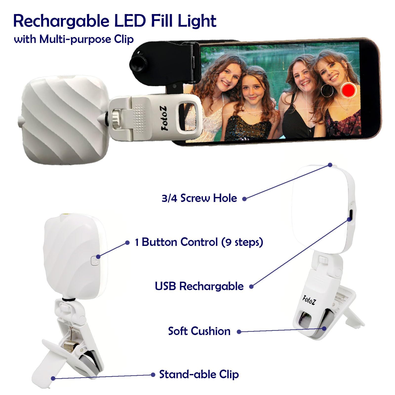 FotoZ - Kit de lentes de fotografía profesional con luz de relleno LED recargable, lente gran angular, lente macro, clip plano, funda de transporte para iPhone, Android, smartphone, tableta y portátil