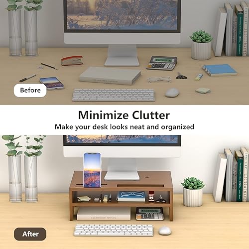 Miniatura 5 de Soporte elevador para monitor con organizador de almacenamiento de escritorio con agujeros de refrigeración, estante elevador de bambú para