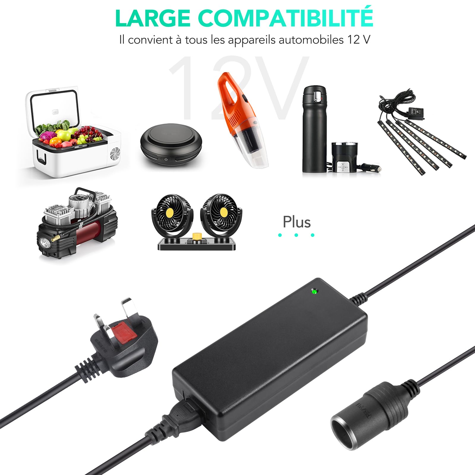 AGPTEK Chargeur Secteur 15A 180W AC à DC Adaptateur, 220V 12V Convertisseur Électronique Prise d'Allume Cigare de Voiture 100-240V, Secteur Transformateur Convertisseur pour Gonfleur Pneu/Aspirateur