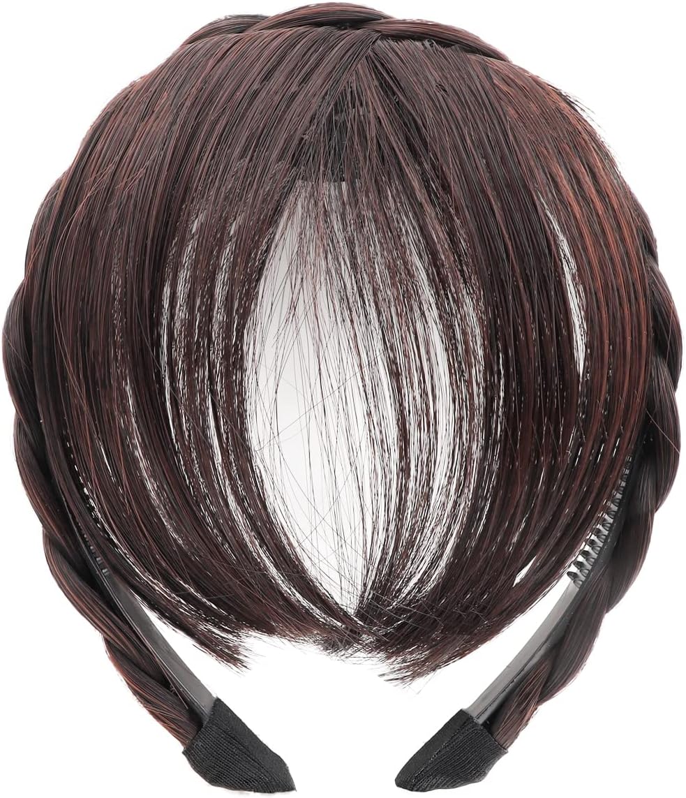 FERCAISH Front Hair Bangs Wigs Headband, Synthetic Wigs Headband for Women Girls (Dark Brown)