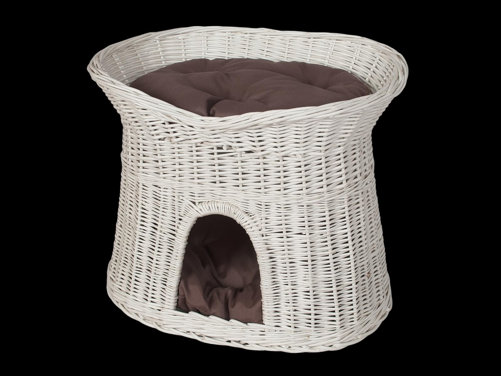 Katzenkorb zum Schlafen – Katzenhütte Indoor – Größe L: 60 cm oval – Katzenhöhle aus Weide – Zweistöckiger Hunde – oder Katzenbett mit waschbaren Kissen in Brown – Weiße korbfarbe