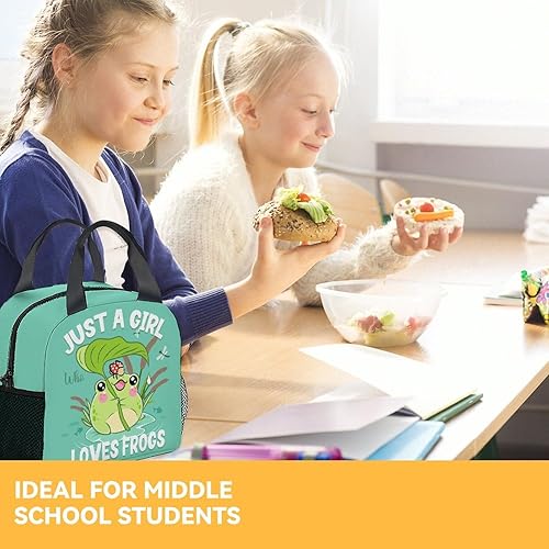 Miniatura 8 de FUZZYFIT Lonchera de rana para niñas, bolsas de almuerzo reutilizables aisladas congelables - Pequeña lonchera en blanco linda para niños - Ideal