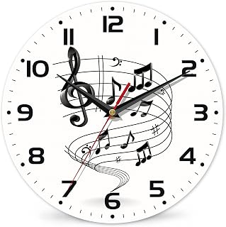 Music Notes Wall Clocks Wooden Wall Clock Art Hanging Clocks Silent Non-Ticking Wall Clock Battery Operated Round Home Arabic Numeral Decorative Wall Clocks 10 Inch