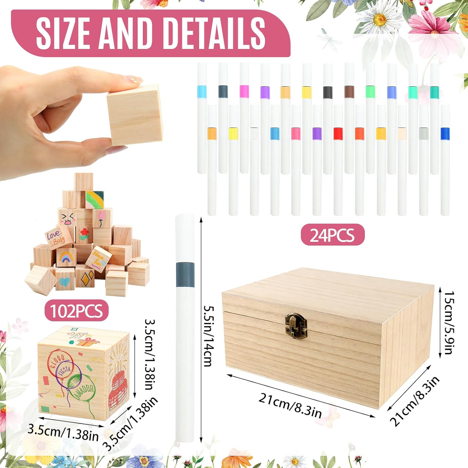 150 Pcs Wildflower Baby Shower Games Sign Kit, Including a Decorate Flower Game Sign 102 DIY Wooden Blocks 36 Acrylic Markers 10 Stencils 1 Storage Box, for Baby Shower Party Gender Reveal