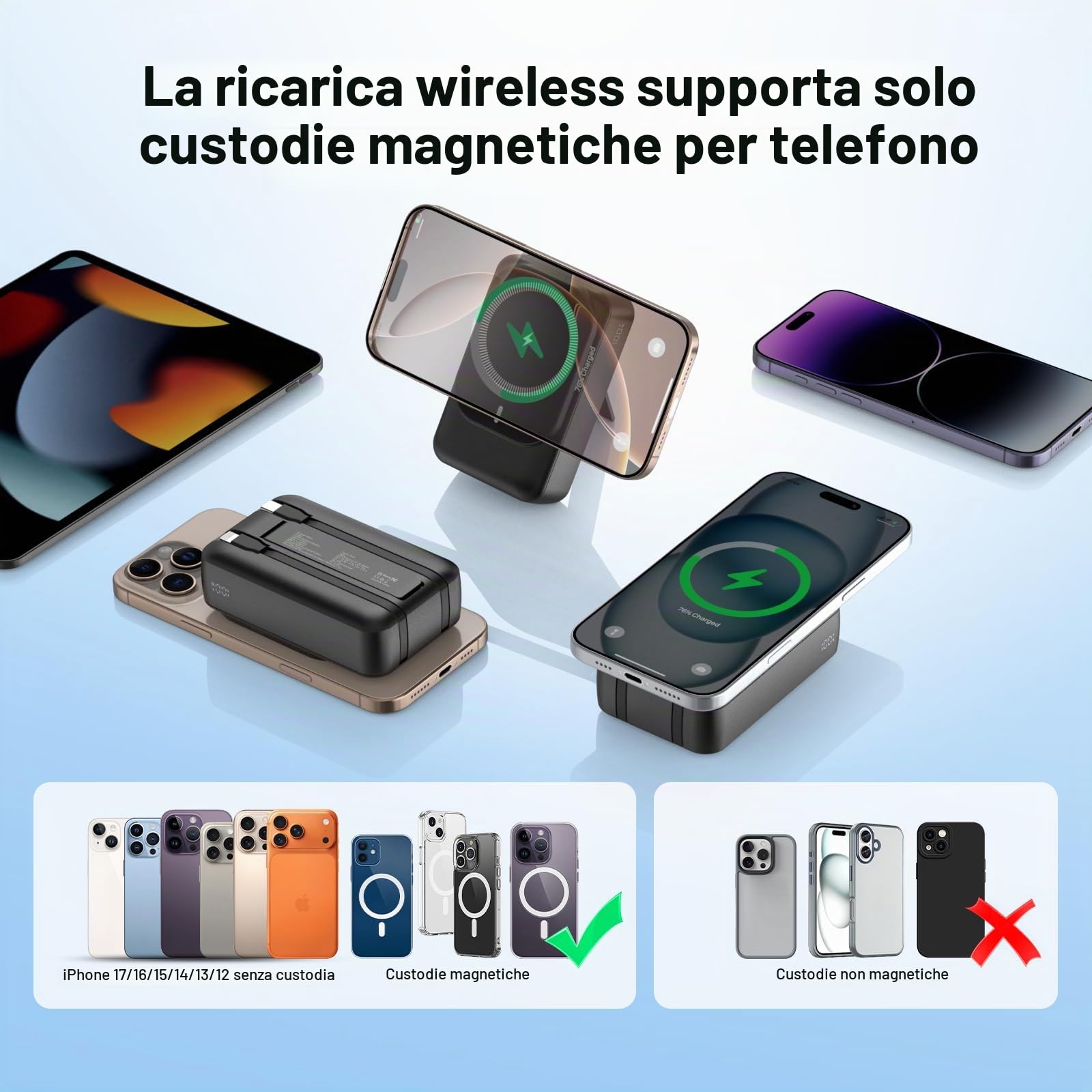 Batteria esterna magnetica senza fili 26800 mAh, per Magsafe Powerbank con 2 cavi integrati, PD 22,5 W, ricarica rapida, compatibile con iPhone Air 17/16/15/14/13/12 Plus/Mini/Pro/Pro MAX - Nero