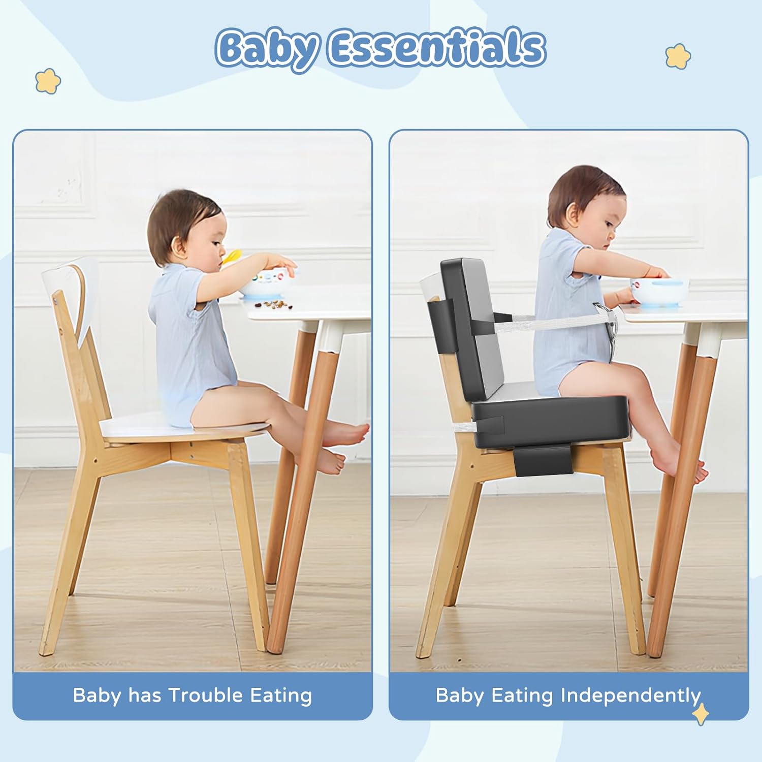 Booster Seat for Kitchen Chair, Toddler Booster Seat for Dining Table with Backrest & Safety Buckles, Non-Slip Portable Dining Seat, High Chair Alternative for Home & Travel