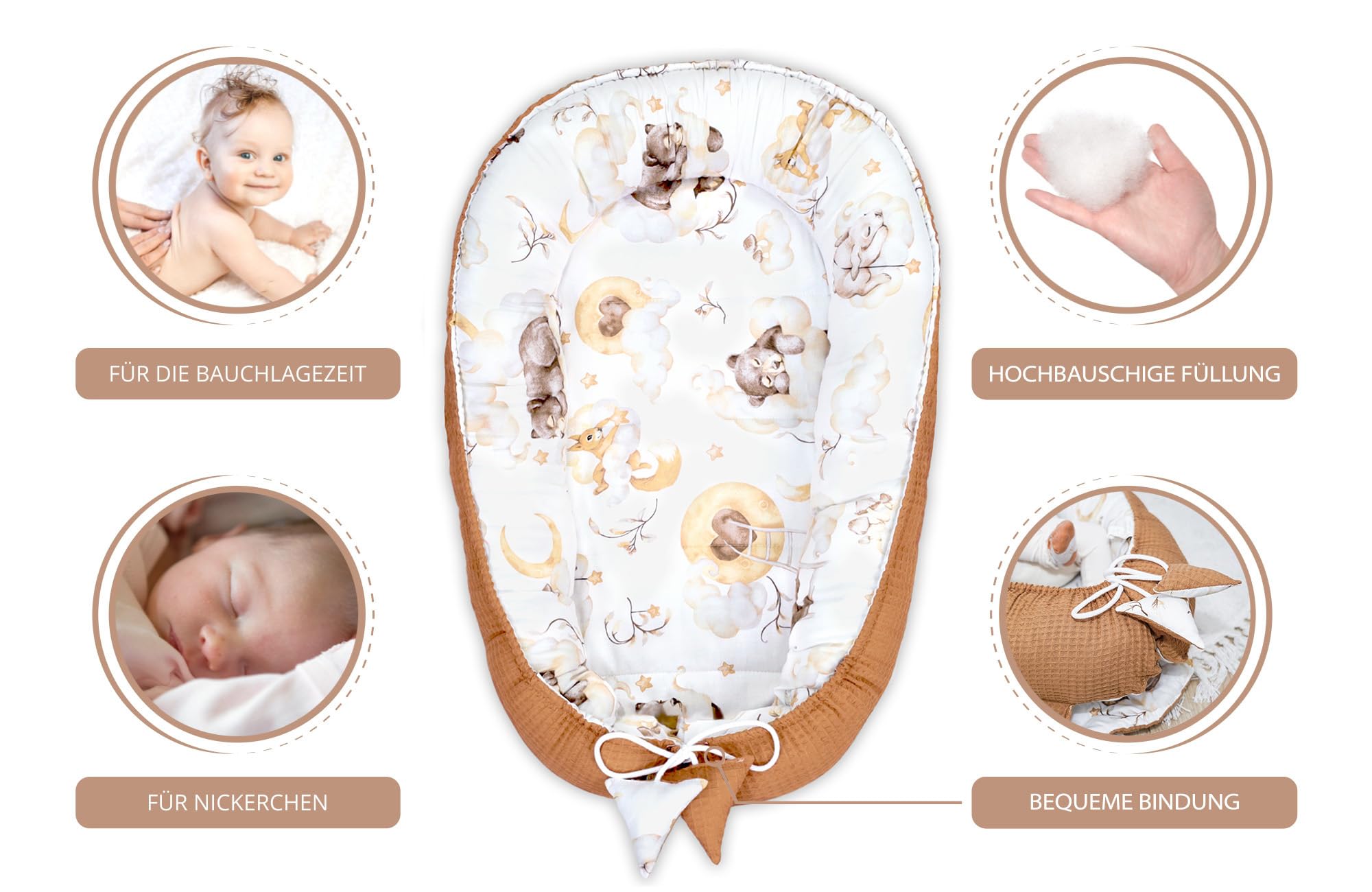 Totsy Baby Nid d'ange pour Nouveau-né 90x50 cm - Cocon Fait à la Main des Deux côtés en Coton Ours Brun