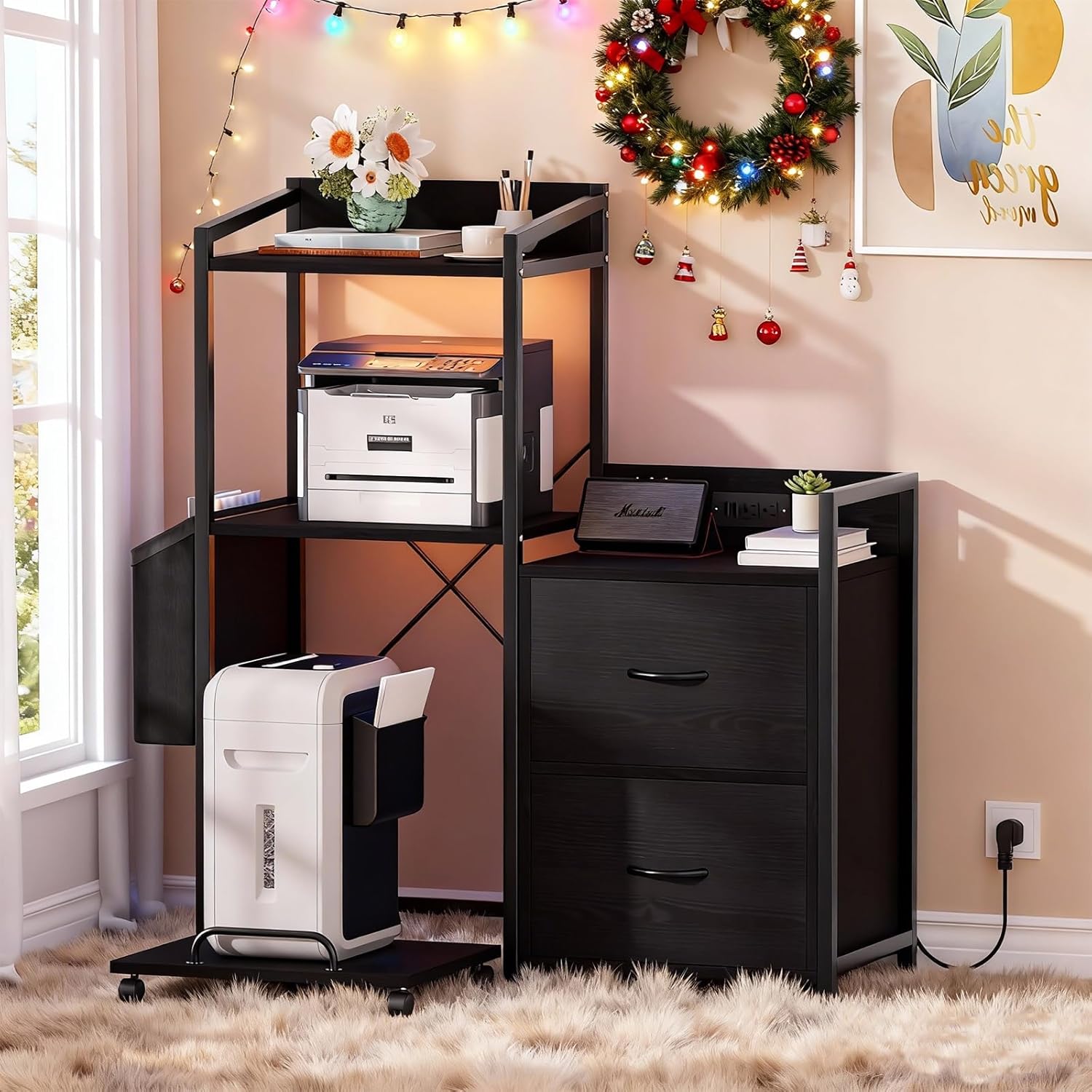 GarveeLife File Cabinet Furniture, Filing Cabinet with 2 Drawers, Rolling Printer Stand with Open Storage Shelves for Home Office, Printer Stand with Power Strip & LED Lights, 49.2" h, Black