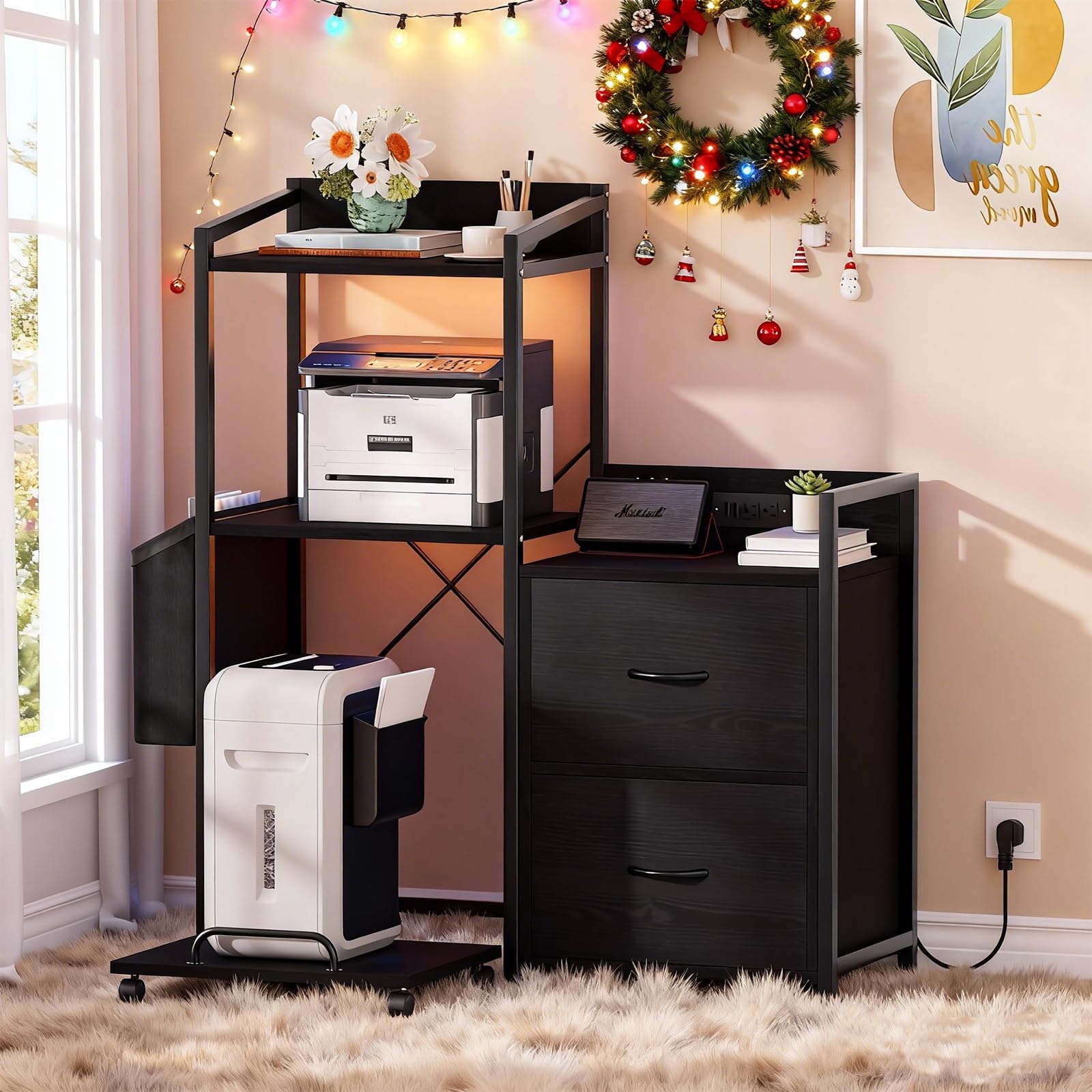 GarveeLife File Cabinet Furniture, Filing Cabinet with 2 Drawers, Rolling Printer Stand with Open Storage Shelves for Home Office, Printer Stand with