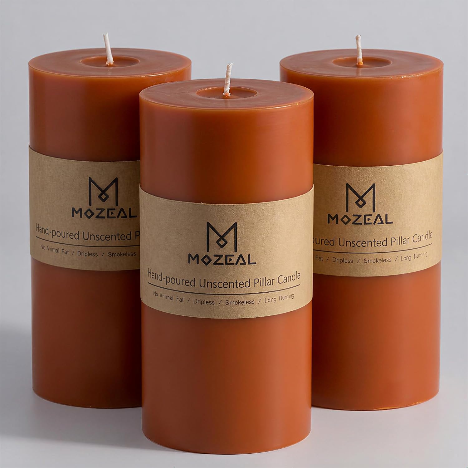 MOZEAL 3" x 6" Hand-Poured Unscented Candle, Dripless Pillar Candle Set of 3, Long Lasting Burning, Approx 120 Hours Burn Time, Rustic Country Style, for Autumn Gatherings, Fall Decor, Burnt Orange