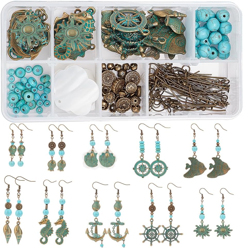 SUNNYCLUE 1 Box DIY 10 Pairs Bohemian Vintage Turquoise Dangle Earrings Set Retro Boho Ocean Theme Jewellery Making Kit Shell Seahorse Charms Hollow Pendants for Adults Earring Jewellery Making