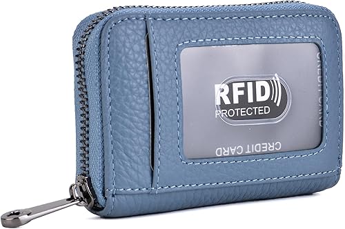 EASTNIGHTS - Cartera de cuero genuino para tarjetas de crédito con cremallera de acordeón, con bloqueo RFID, pequeña cartera de monedas con ventana