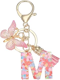 PATIKIL アルファベット イニシャル アルファベット キーホルダー 樹脂製 かわいいキーホルダー タッセル付き バタフライレターペンダントチャーム