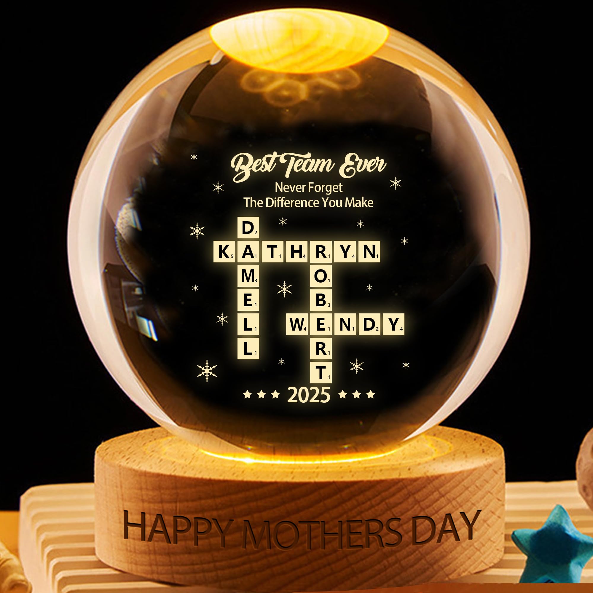 Personalized Crossword Puzzle Crystal Snow Night Light Globe Custom Grandkids Names Grandkids Make Life Grand 3D LED Lamp with Wooden Base, Bedroom Decor Gifts for Grandma Grandpa Mom Birthdays