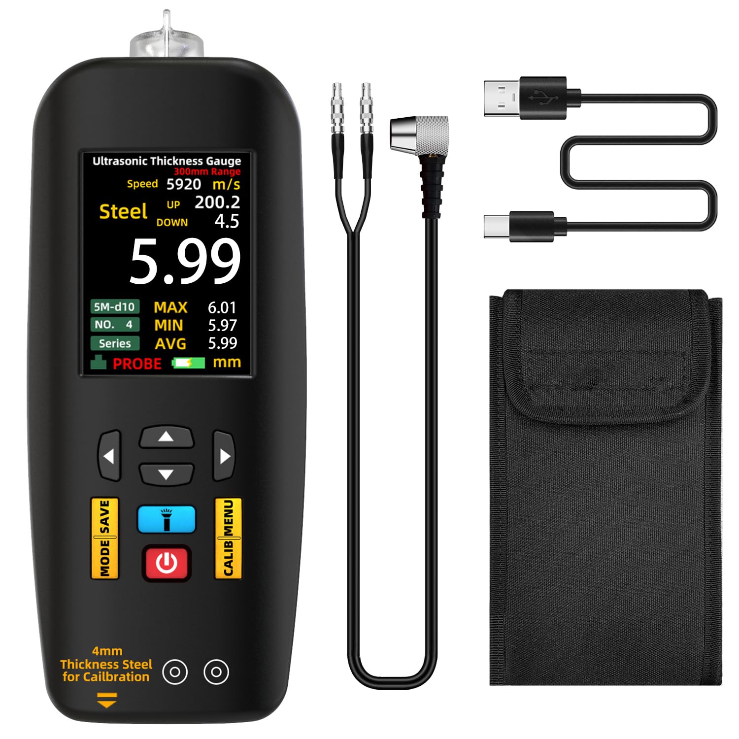 T7 Rechargeable Ultrasonic Thickness Gauge 1.0-300mm with 2.8” HD Colour LCD Auto Calibration Data Save Portable Ultrasonic Thickness Tester with Alarm Flashlight and DIY Speed of Sound
