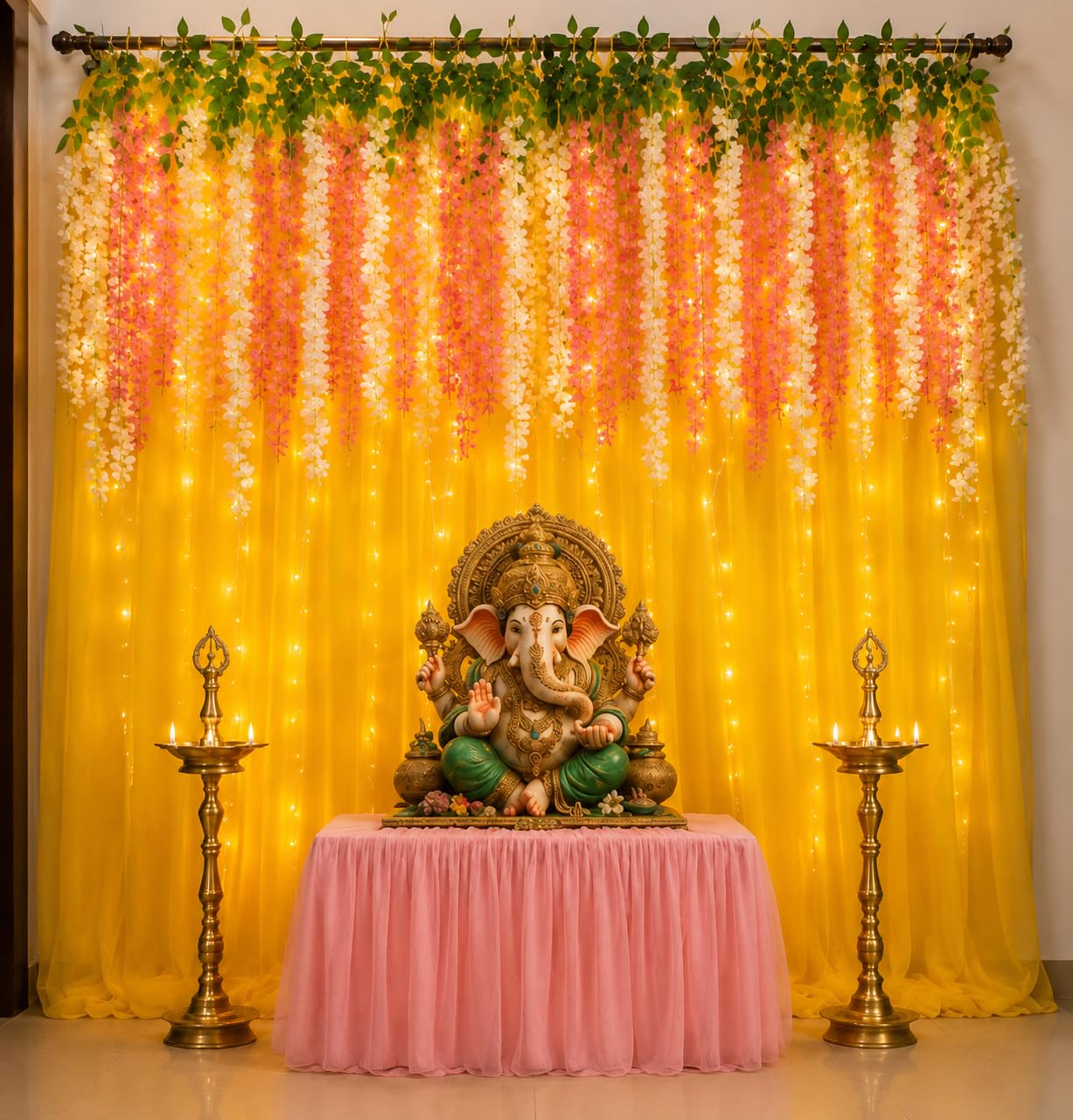 Lazybeee Backdrop Decoration Kit | Net Curtain & Artificial Plant Vines for Ganesh Chaturthi, Haldi & Mehndi, Home Decor & Birthday & Parties | (New1_Ganesh Backdrop Design 1)
