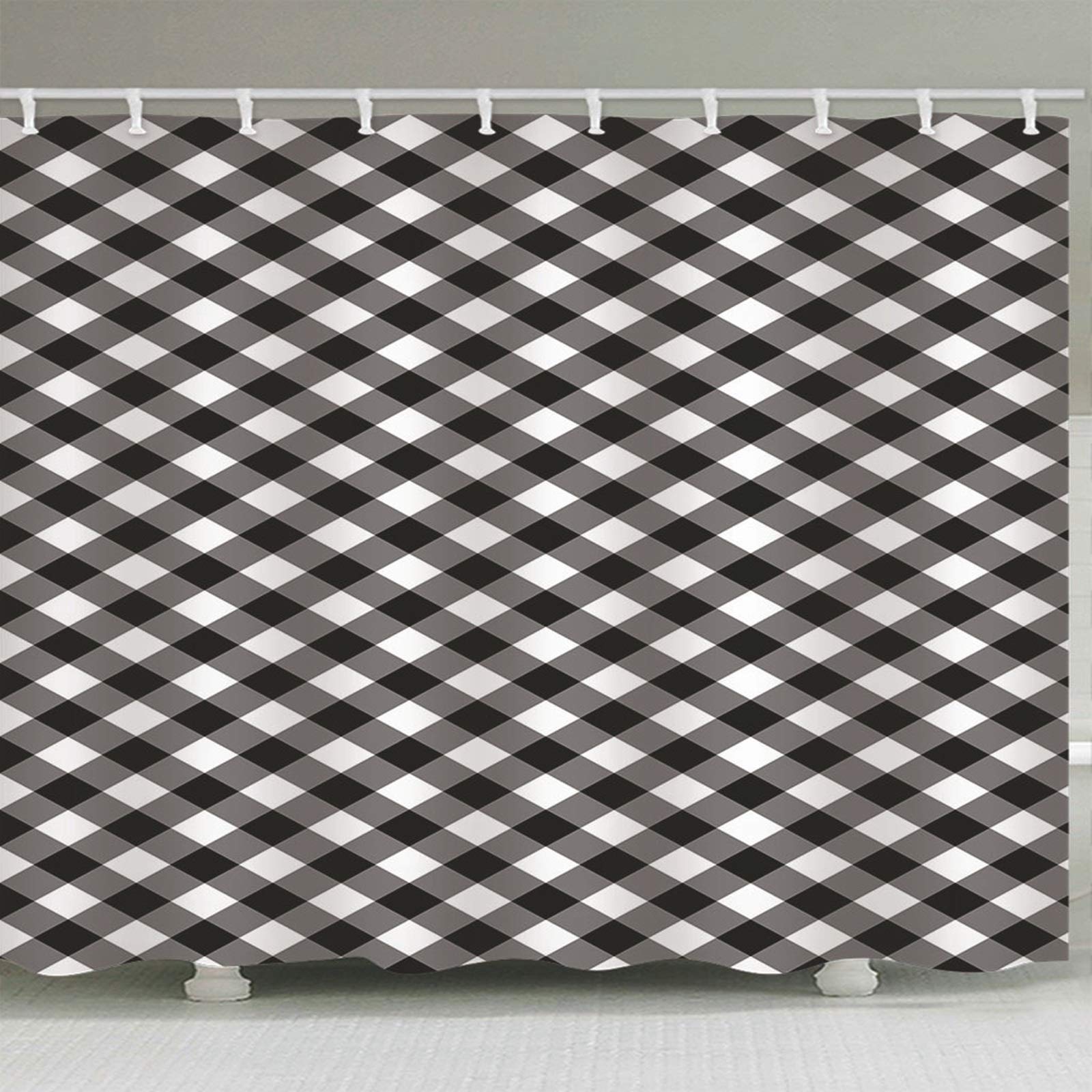 Cortina de ducha de poliéster, diseño de rejilla, con anillos, 180 x 200 cm, color blanco y negro