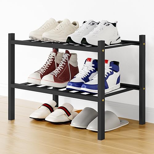 Miniatura 142 de Smiry Estante para zapatos, organizador de zapatos de bambú de 2 niveles, estante de almacenamiento de zapatos de madera apilable independiente para