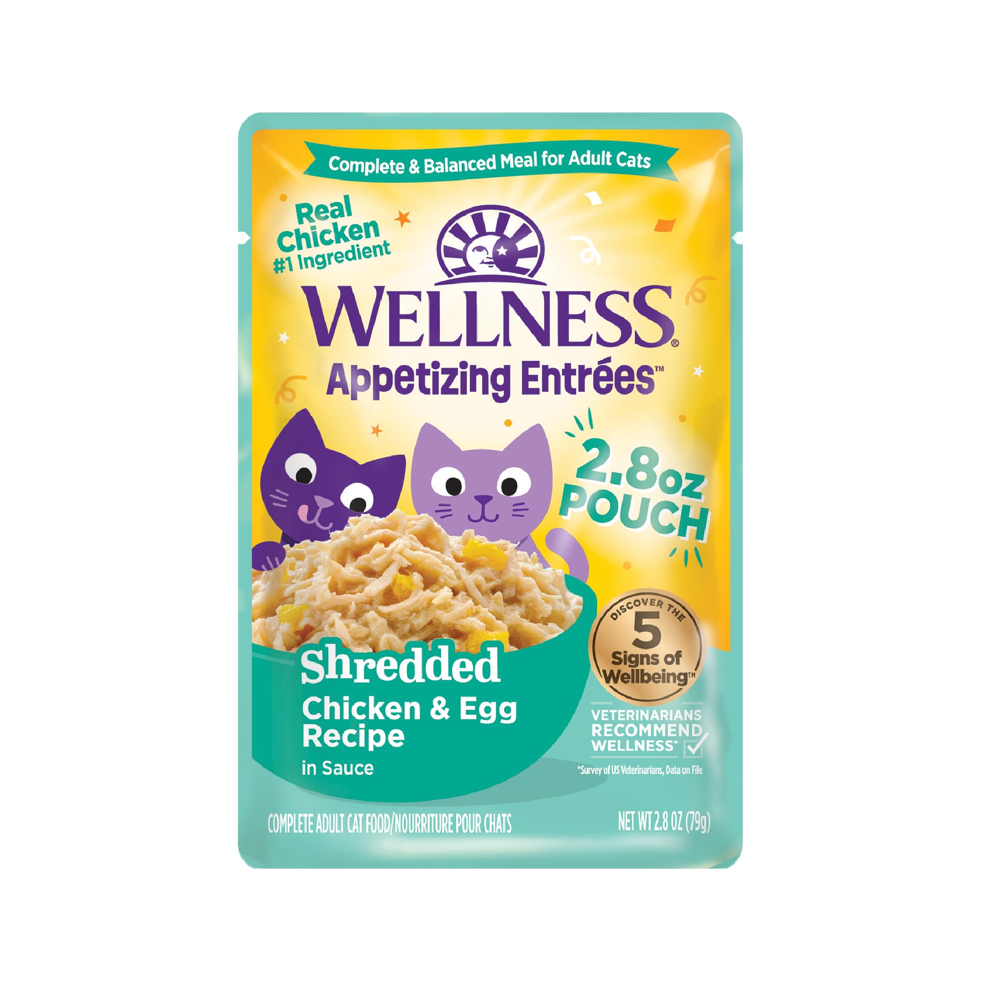Wellness Appetizing Shredded Flaked Adult Wet Cat Food, Natural, Protein Rich, Grain Free, Chicken and Egg Recipe, 2.8 oz, Pack of 8 Pouches