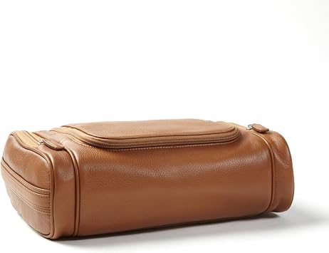 Leatherology Cognac Hanging Toiletry Kit Full Grain Leather Travel Organizer with Hanger and Multiple Storage Compartments