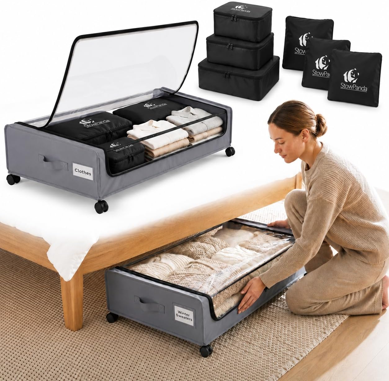 60L Under Bed Storage with Wheels | 2-Pack Rolling Underbed Storage Containers Clear Lids | Includes 6 Travel Bags - Heavy Duty Organizer for Clothes, Shoes, Comforters & Toys-Light Gray