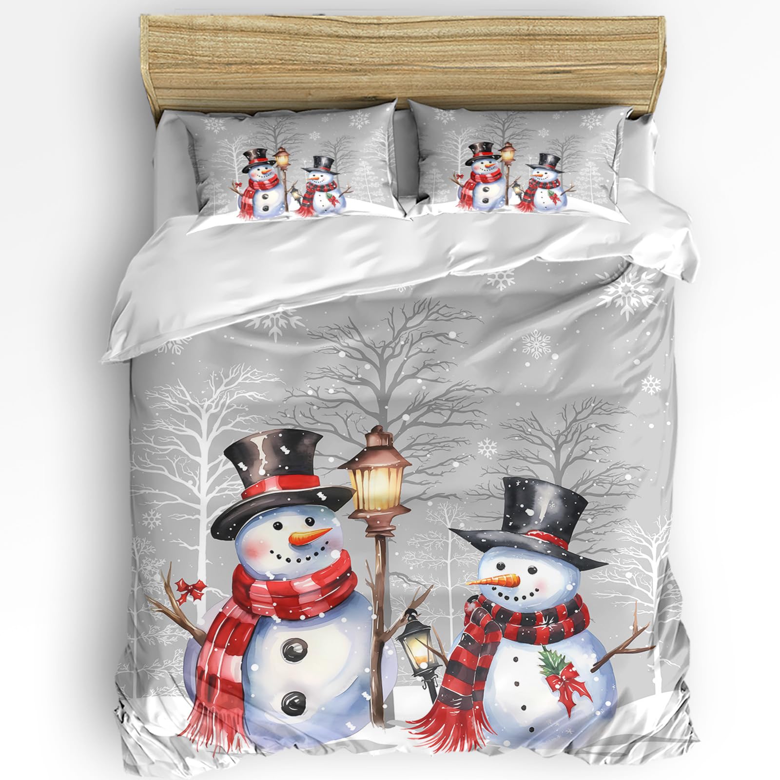 Grey Snowman Bed Duvet Cover Queen Size Washed Patterned Textured Duvet Cover Sets with Zipper Tiers Microfiber Soft