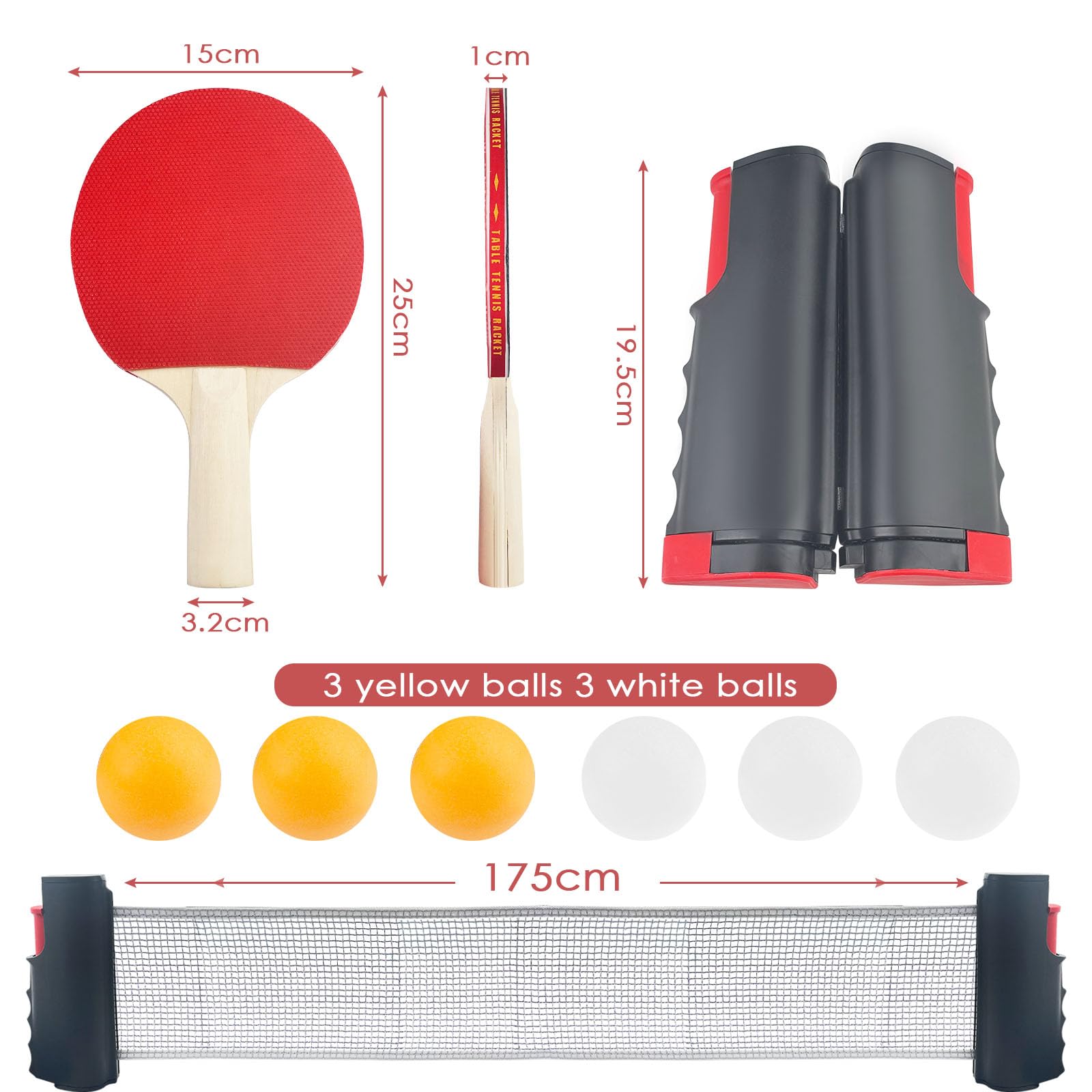 Palas Ping Pong Set, Raqueta de Tenis de Mesa, Incluye 2 Raquetas de Ping Pong, 6 Pelotas, 1 Red de Tenis Mesa Retráctil, 1 Bolsa, Uego Tenis Mesa para Principiantes y Jugadores Avanzados