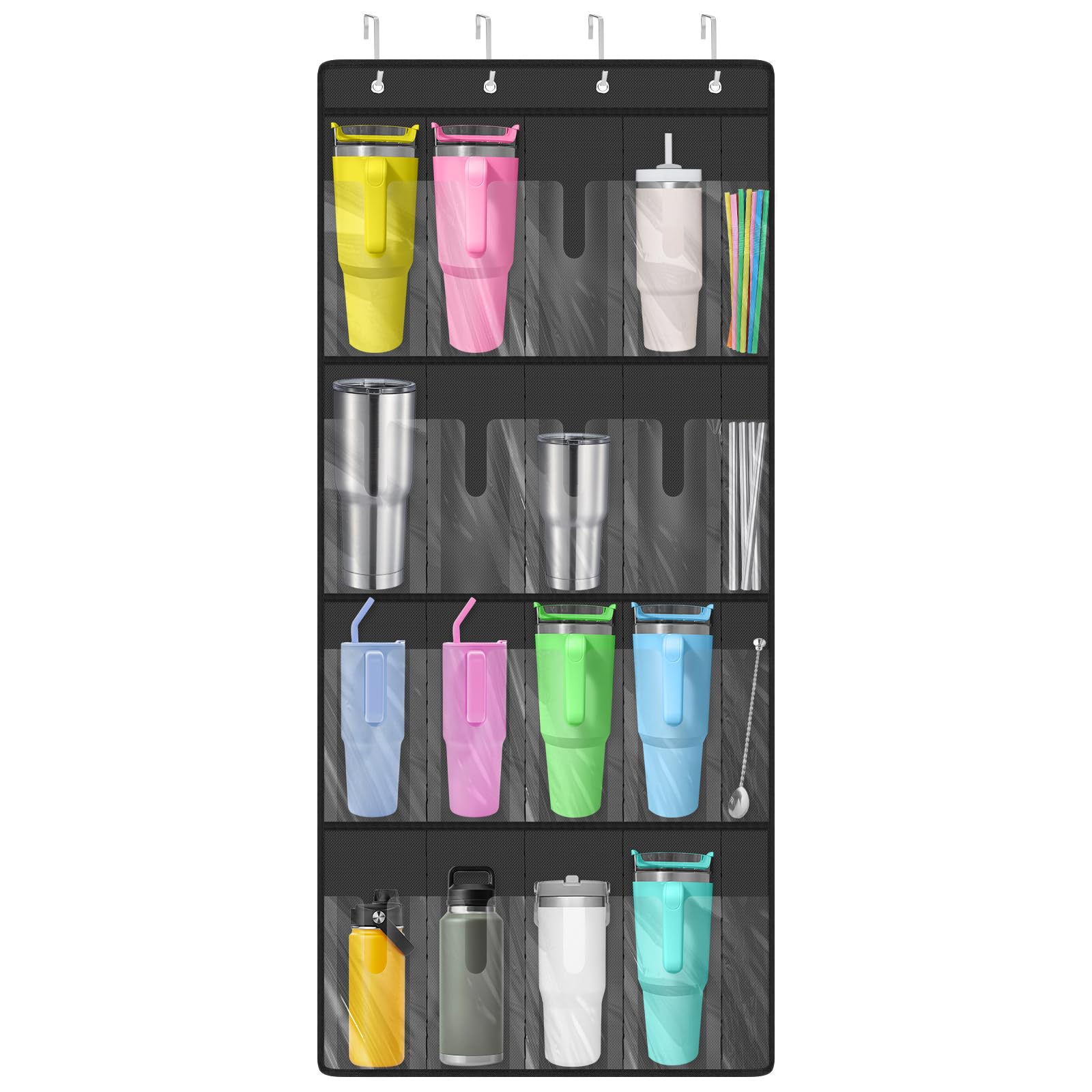 EEEKit Hanging Water Bottle Holder, Over Door Water Bottle Storage Organizer with 16 Cup Pockets and 4 Straw Pockets, Hanging Cup Storage Rack for Kitchen Cabinet Pantry Classroom