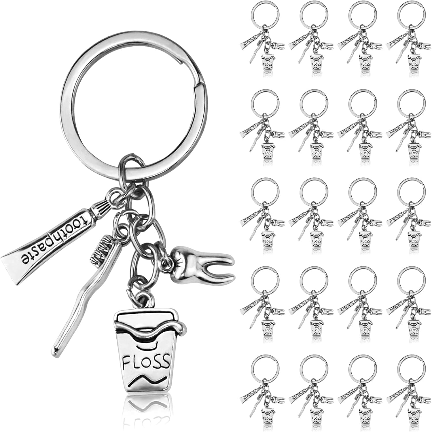 20 PCS Tooth Shape Toothbrush Toothpaste Keyrings, Toothbrush Toothpaste Dentist Keychain Set for Dental Professional Gifts & Adults Christmas Birthday Gifts