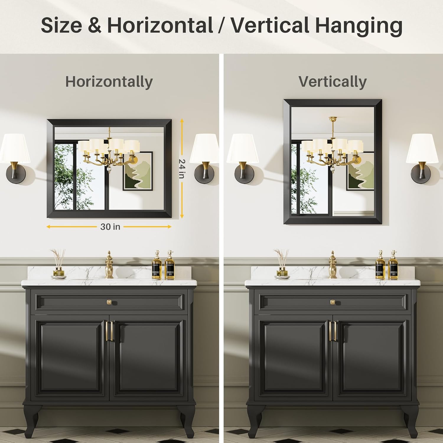 24x30 Inch Black Bathroom Mirror for Wall, Thick Metal Framed Rectangle Mirrors for Over Sink, Bedroom, Living Room, Entryway, Anti-Rust, HD Tempered Glass