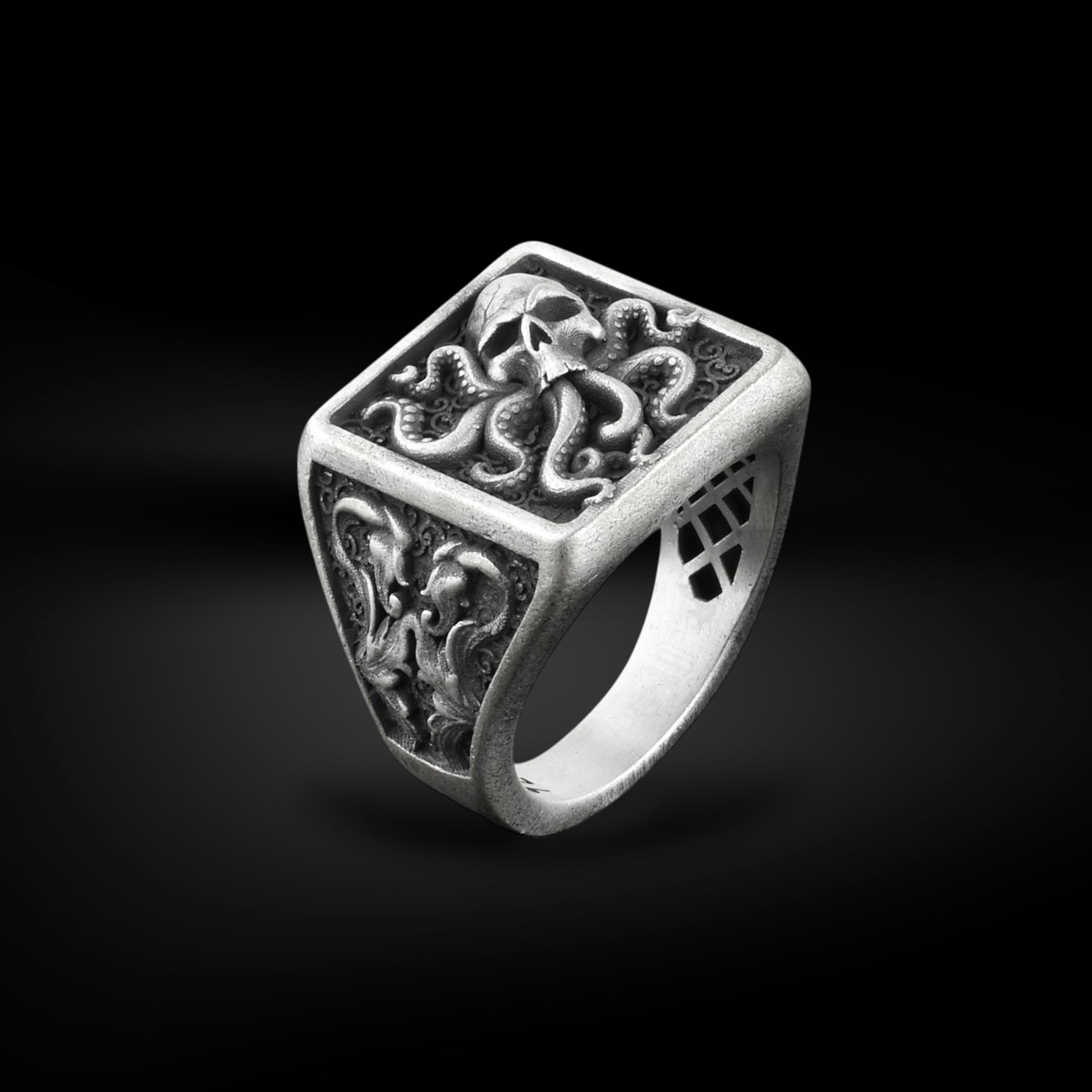 BySilverStone Jewelry Silberring Für Herren – Oktopus-Schädel Mit Seetang-Ring, Kraken-Herren-Siegelring Aus Oxidiertem Sterlingsilber, Gothic-Tierring Für Herren, Tentakel-Punk