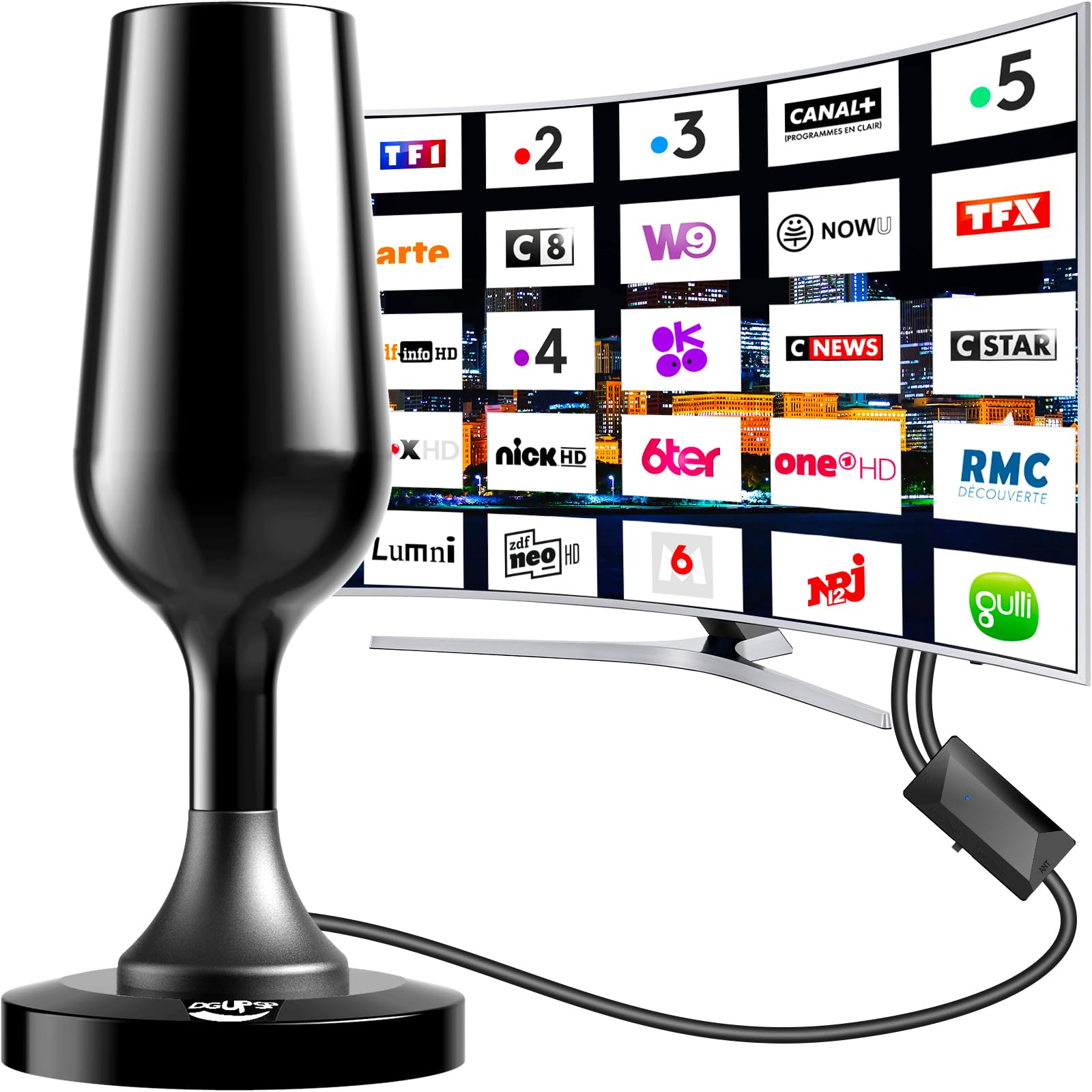 Antenne TV Intérieure Puissante TNT HD, 2026 Le Plus récent Antenne TV Intérieur avec Amplificateur de Signal à Gain Élevé, Réception Longue Portée à 360° avec Base Magnétique