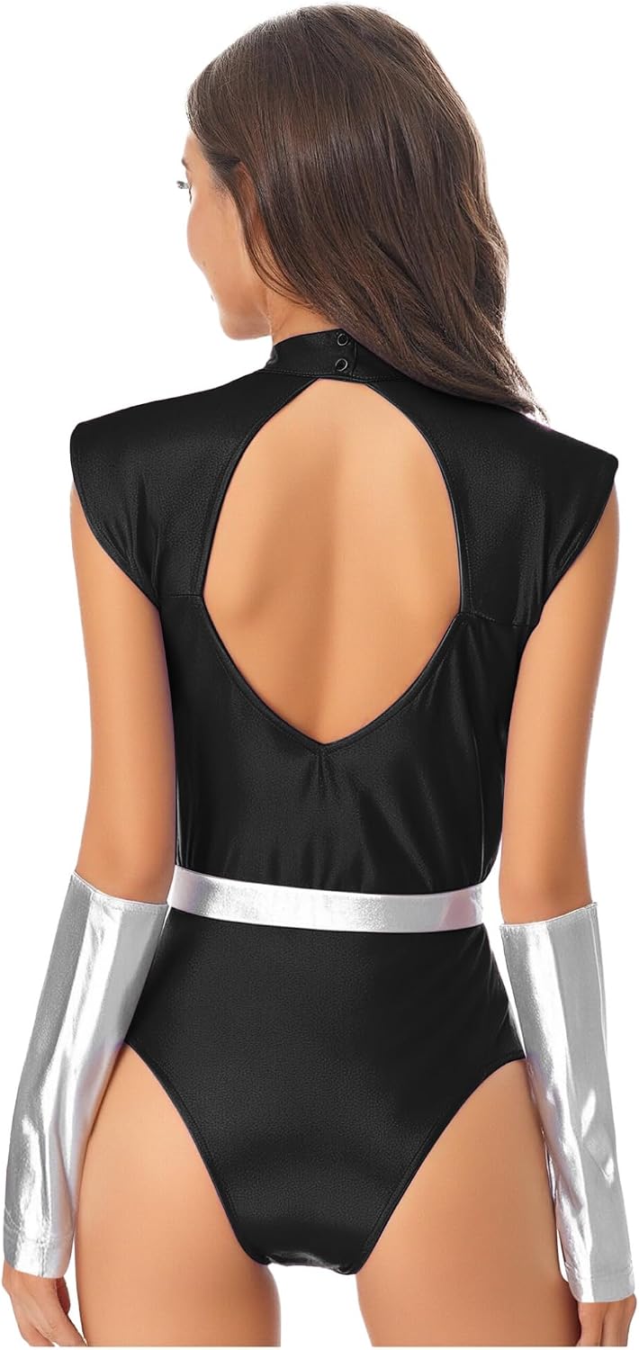TTAO Shiny Metallic Skull Leotard for Women Long Sleeve Mock Neck Latex Bodysuit Dance Costume