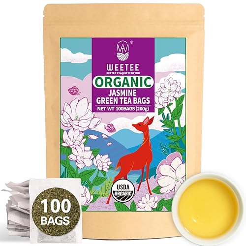 WEETEE - Bolsas de té verde de jazmín orgánico, té verde con aroma a jazmín orgánico USDA, 100 unidades, refrescante y relajante, alternativa al