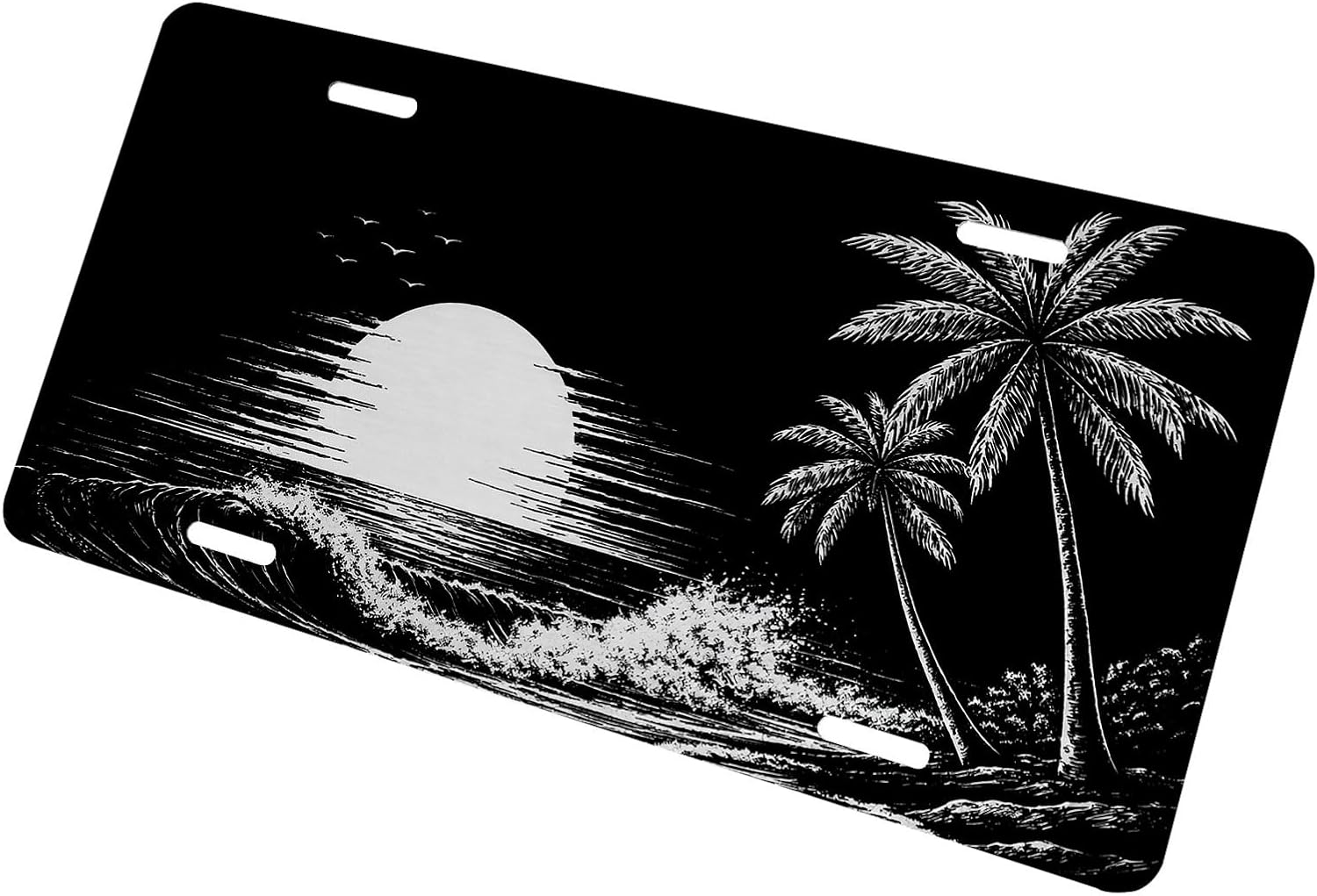 Tropical Beach Front License Plate for Men Sunset Palm Trees Ocean Waves Car Vanity Plates Decorative Aluminum Metal Cute Novelty License Plate 6x12 Inch (4 Holes)