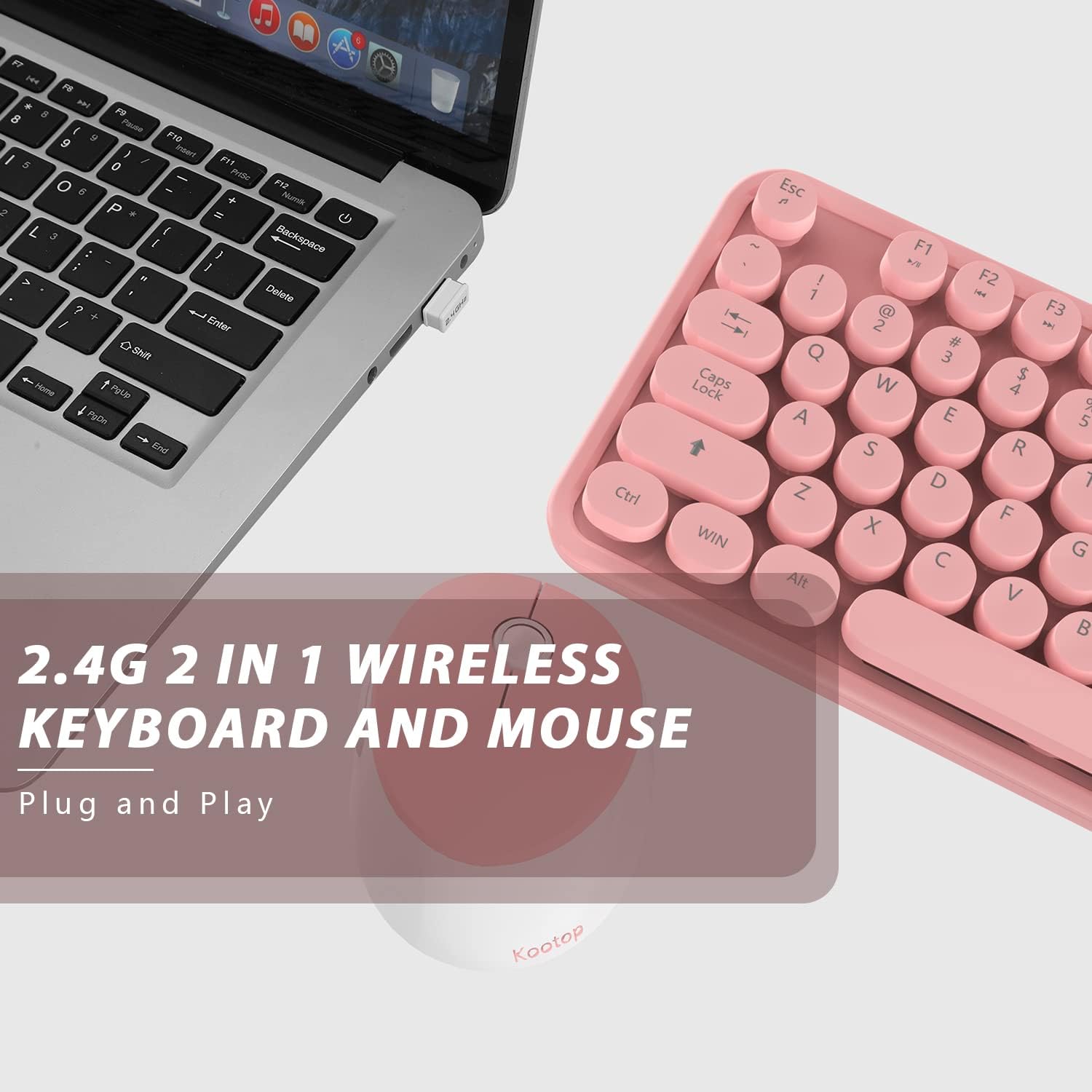 Kootop Wireless Keyboard and Mouse Combo, Cute Colorful 104 Keys Typewriter Retro Round Keycaps Keyboard for PC Laptop,Desktop,Windows, Home and Office Keyboards(Pink White)