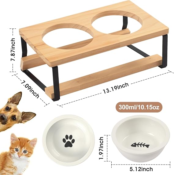 getlstub Elevated Cat Bowls with Wood Stand - Raised Cat Food and Water Bowls for Indoor Cats & Small Dogs, 15Tilted High Ceramic Anti-Vomit Pet Feeder, Whisker Fatigue Friendly
