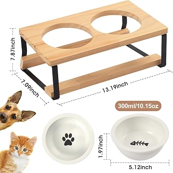 getlstub Elevated Cat Bowls with Wood Stand - Raised Cat Food and Water Bowls for Indoor Cats & Small Dogs, 15Tilted High Ceramic Anti-Vomit Pet Feeder, Whisker Fatigue Friendly