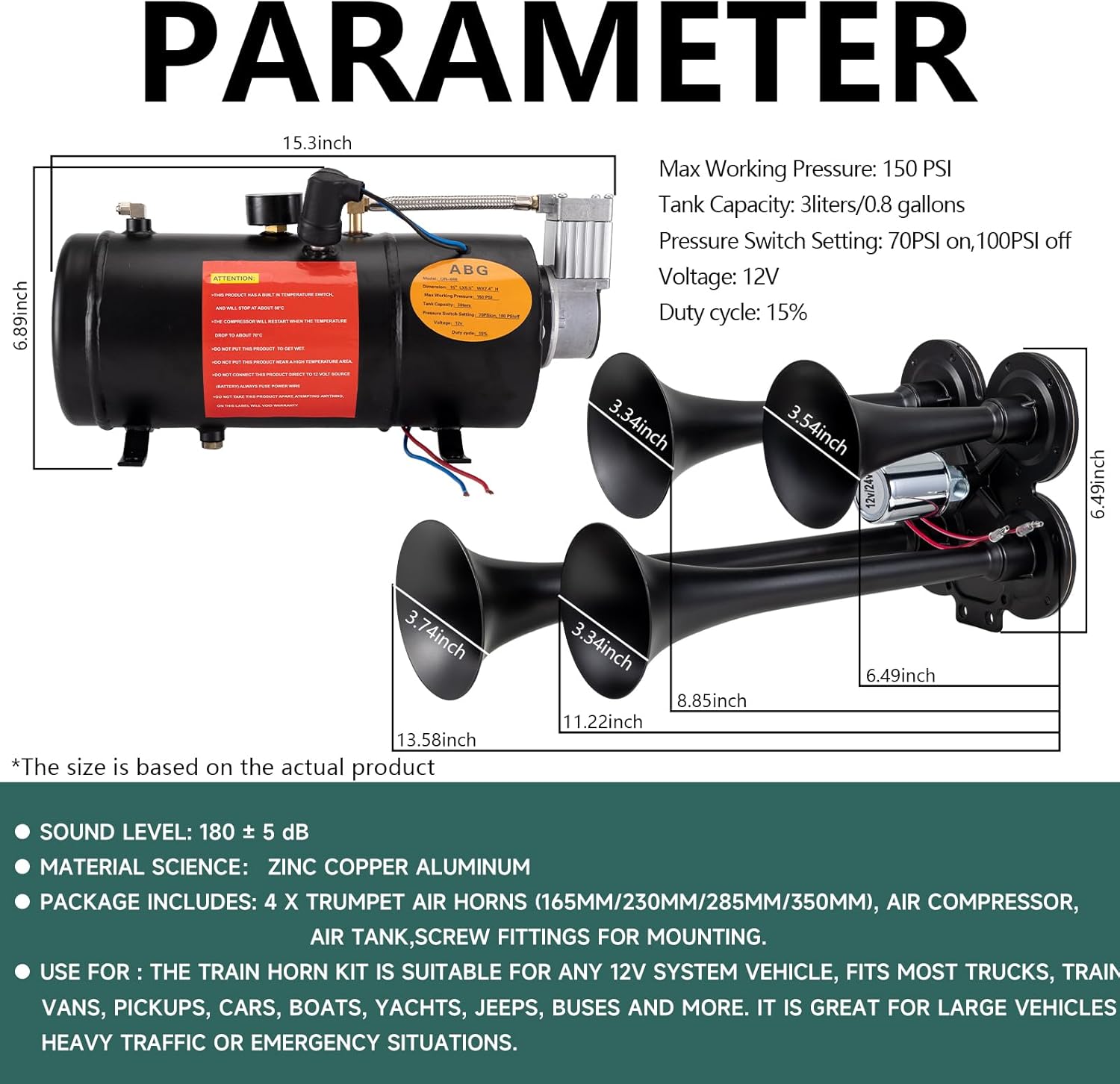 Train Horns Kit for Trucks 180dB Super Loud Truck Air Horn with 150 PSI 0.8 gallon 12V Air Compressor Air Tank Can for Truck Car Jeep SUV Train Pickup Boat and Other Vehicles