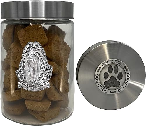 Heritage Pewter Shih Tzu Good Dog Treat Jar  Tarro de golosinas de 34 onzas con tapa hermética de rosca  Regalo para propietarios de Shih Tzu