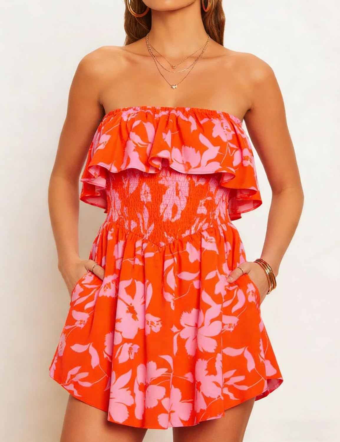 AIMCOO Women's Rompers Summer Strapless Floral Print Off Shoulder Boho Flowy Ruffle Hem Shorts Jumpsuit with Pocket - Image 2