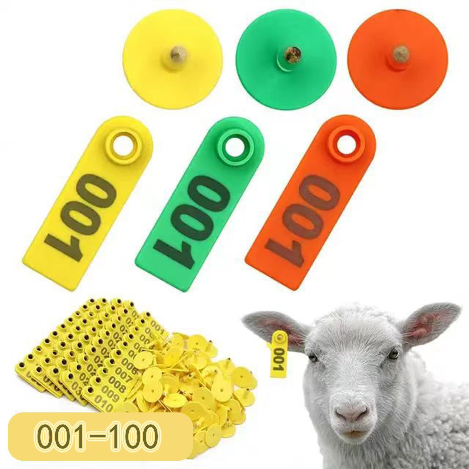 100x Plastik-Ohrmarken Mehrfarbig – Nummeriert 001-1000, TPU, 5,3x1,9cm, Für Schafe, Ziegen, Rinder, Schweine & Hirsche