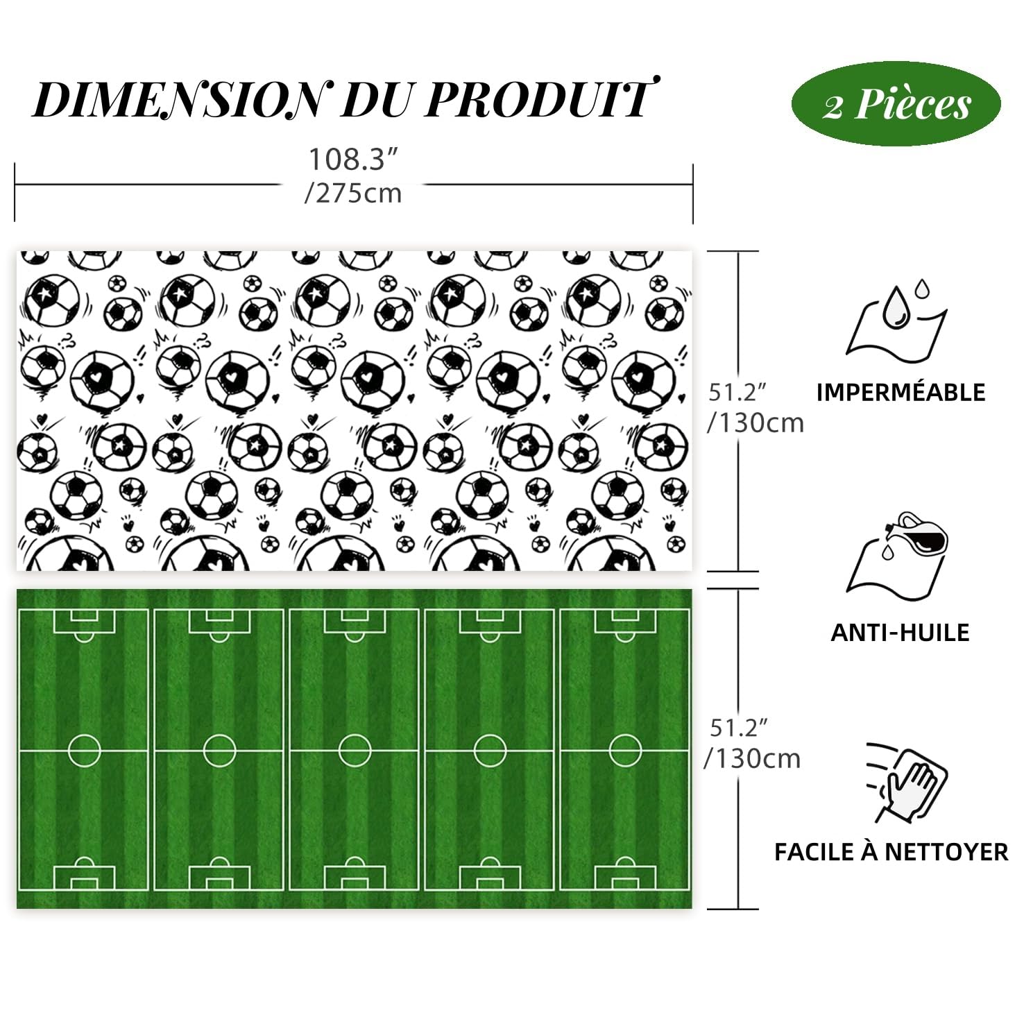 Nappe Anniversaire Foot - 6 Pièces Réutilisables - Design Terrain Et Ballon - 130x275cm - Imperméable